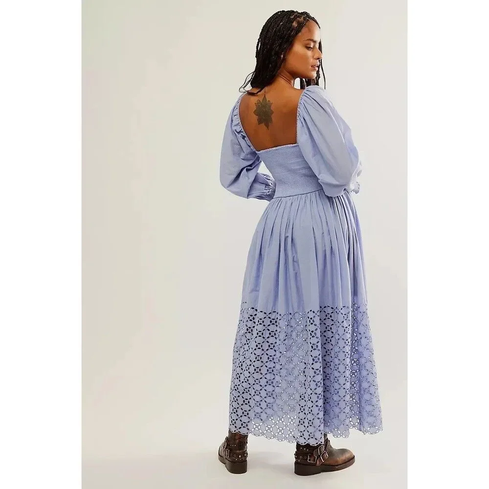 Free People Perfect Storm Midi Dress Cotton Puff Sleeve Small Imperfect NEW